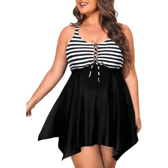 Nieyook Chest Drawstring Striped Swimdress High Waisted Boy Shorts Size 24W - Picture 2 of 11